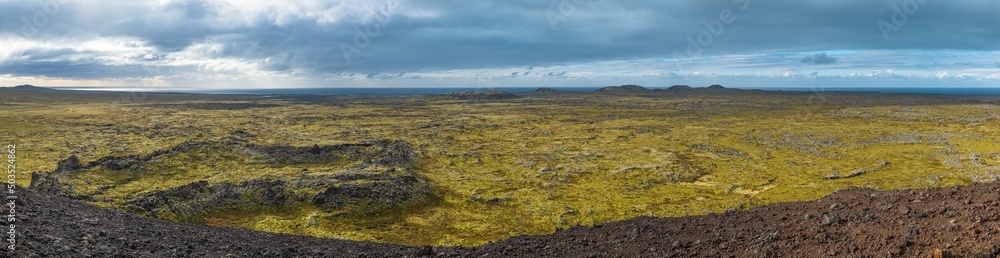 Spectacular volcanic view from Saxholl volcano Crater, Snaefellsnes peninsula, Snaefellsjokull National Park, West Iceland.