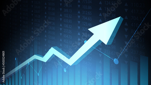 Abstract financial graph with uptrend line and arrows in stock market on blue color background