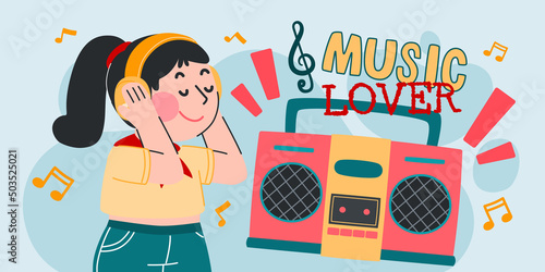 Woman Listen To Music From Radio, Vector, Illustration