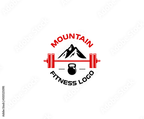 fitness sports vintage logo design in the mountains with kettlebell and barbell bar.