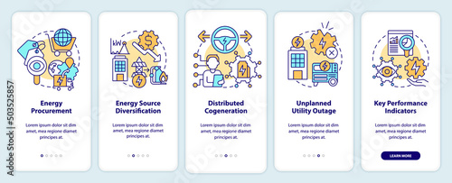 Strategical energy plan onboarding mobile app screen. Energy procurement walkthrough 5 steps graphic instructions pages with linear concepts. UI, UX, GUI template. Myriad Pro-Bold, Regular fonts used