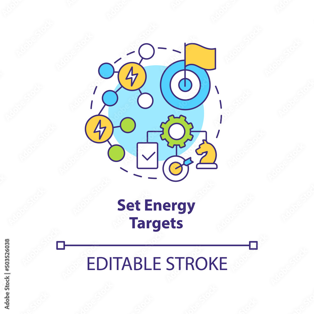 Set energy targets concept icon. Energy strategy abstract idea thin line illustration. Carbon neutral business objectives. Isolated outline drawing. Editable stroke. Arial, Myriad Pro-Bold fonts used