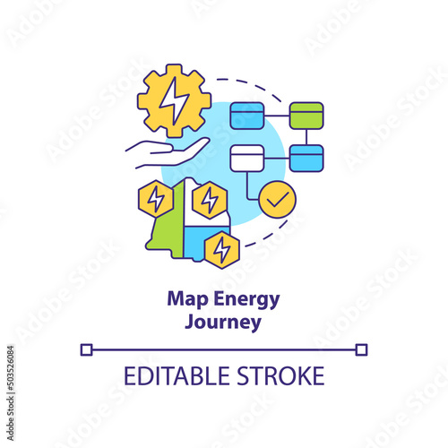 Map energy journey concept icon. Pathway to energy strategy abstract idea thin line illustration. Process visualization. Isolated outline drawing. Editable stroke. Arial, Myriad Pro-Bold fonts used