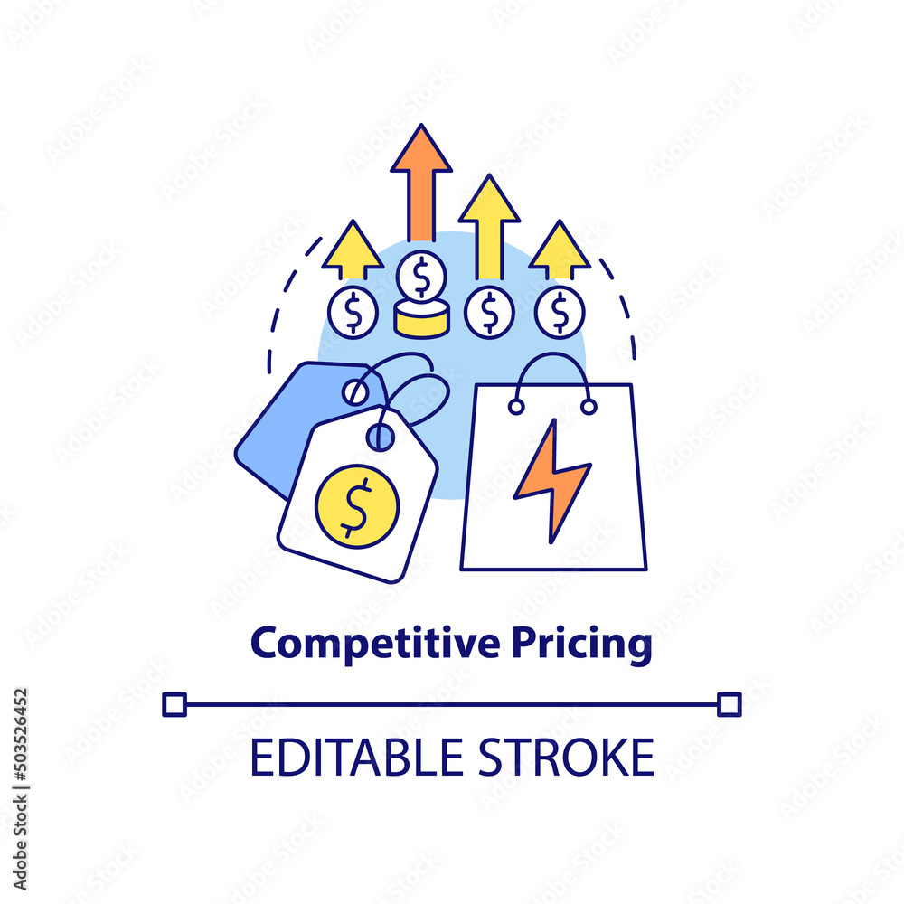 Competitive pricing concept icon. Energy strategy element abstract idea thin line illustration. Establish market prices. Isolated outline drawing. Editable stroke. Arial, Myriad Pro-Bold fonts used