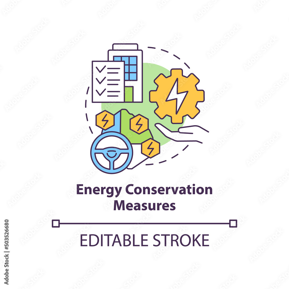 Energy conservation measures concept icon. Energy resource plan abstract idea thin line illustration. Operational benefits. Isolated outline drawing. Editable stroke. Arial, Myriad Pro-Bold fonts used Energy conservation measures concept icon. Energy resource plan abstract idea thin line illustration. Operational benefits. Isolated outline drawing. Editable stroke. Arial, Myriad Pro-Bold fonts used