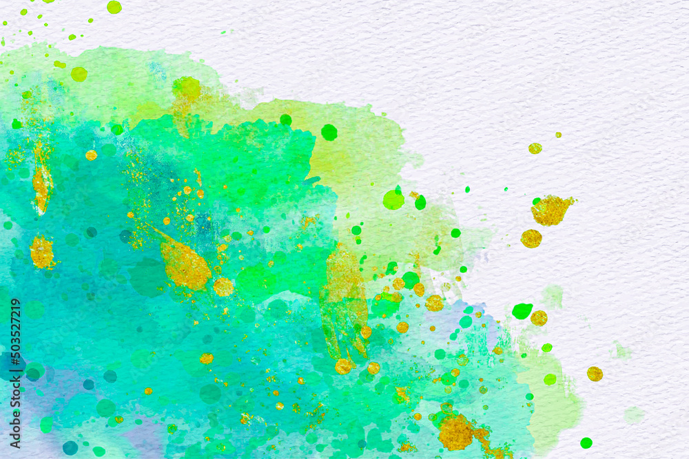 Green and yellow watercolor splashes texture. High resolution ink painted texture for design. Seamless texture. There is blank place for text, textures design art work or skin product. Hand painted.