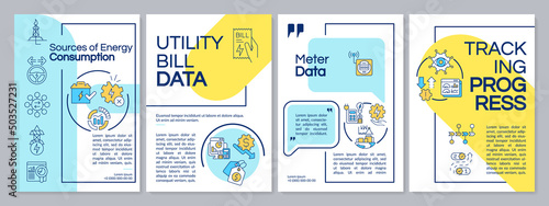 Energy management system blue and yellow brochure template. Utility bill data. Leaflet design with linear icons. 4 vector layouts for presentation, annual reports. Questrial, Lato-Regular fonts used
