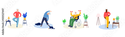 Vector Elderly Active Seniors Set, Cartoon Style People, Different Light Physical Activity, Welbeing Concept, Elderly Care Colorful Art Icons Isolated on White Background Home Activities Indoors.