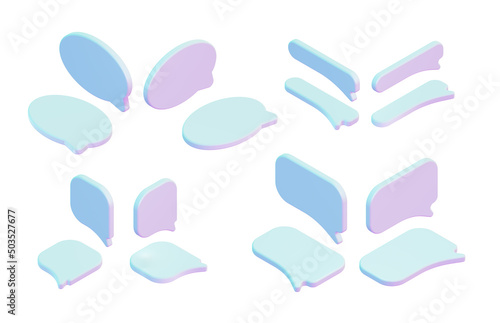 3d icons in isometric projection. Comment sign, quotes, social media posts, speech cloud. The set is isolated on a white background.