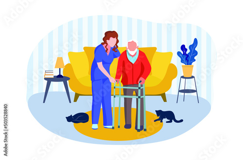 Vector Elderly People Care Illustration Isolated on White Background Doctor and Man, Support and Helping Concept Colourful Illustration Template, Indoors Interior Background Room.