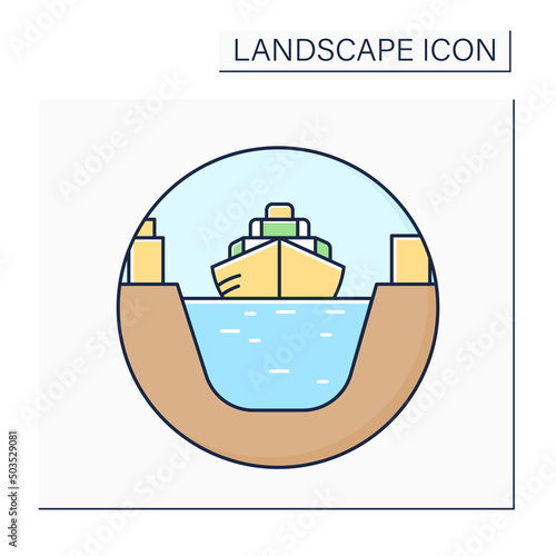 Canal color icon.Artificial waterway. Canal allows passage of boats or ships inland.Landscape concept.Isolated vector illustration