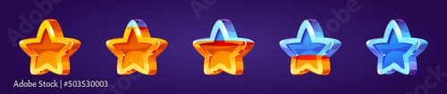 Set of stars, game score elements from full to empty row. Ui or gui rate yellow golden glossy assets for app user interface and display, winner achievement, bonus Cartoon vector illustration, icons