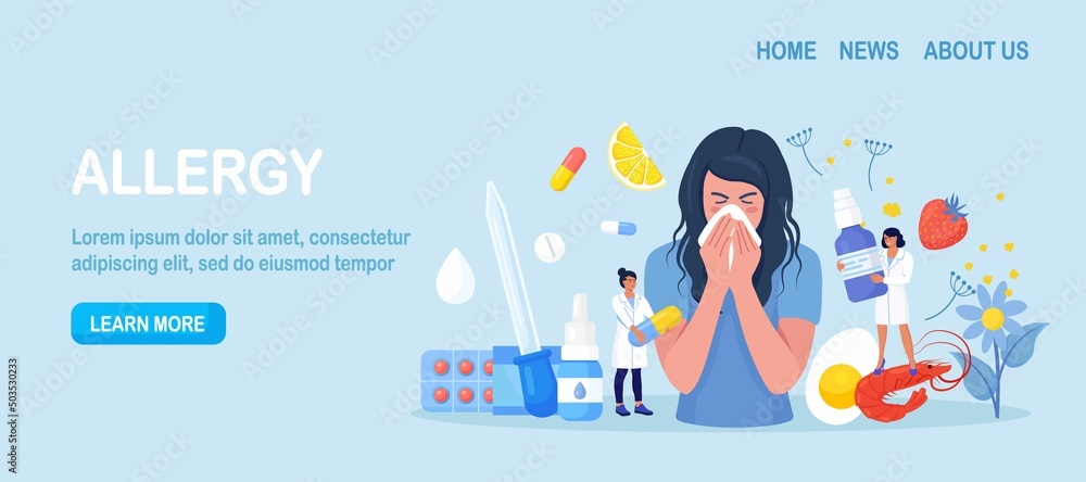 Woman with allergy from pollen, citrus, berry, shrimps, eggs. Runny nose and watery eyes. Seasonal disease. Illness with cough, cold, sneeze symptoms. Doctor treat allergy with medicines, pills Vector Woman with allergy from pollen, citrus, berry, shrimps, eggs. Runny nose and watery eyes. Seasonal disease. Illness with cough, cold, sneeze symptoms. Doctor treat allergy with medicines, pills Vector