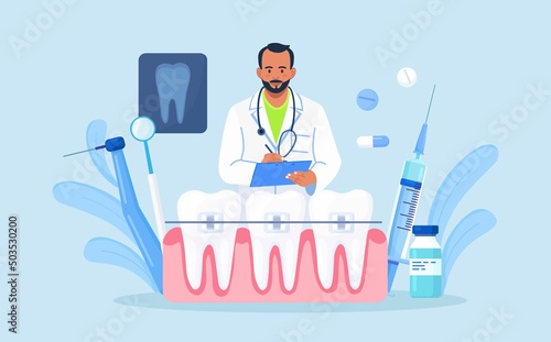 Orthodontist installs dental braces for straightening. Tiny Dentist doctor research X-ray picture of tooth. Dentistry, braces installation, teeth alignment. Prosthetics, Orthodontic treatment. Vector 