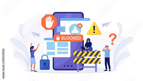 People are very surprised and feeling anxious about blocked user account. Experts help user to unblock account. Cyber crime, hacker attack, censorship or ransomware activity security. Vector design