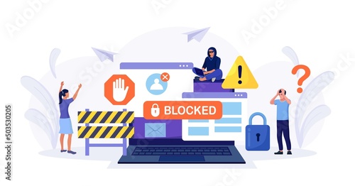 People are very surprised and feeling anxious about blocked user account. Experts help user to unblock account. Cyber crime, hacker attack, censorship or ransomware activity security. Vector design