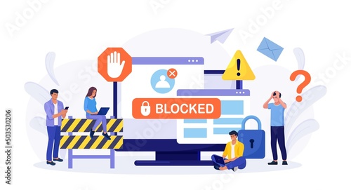 People are very surprised and feeling anxious about blocked user account. Experts help user to unblock account. Cyber crime, hacker attack, censorship or ransomware activity security. Vector design