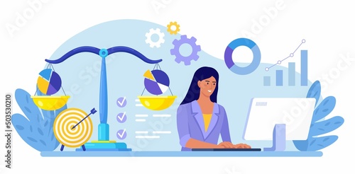 Benchmarking as business compare tool for improvement, progress. Woman analyse data, statistics. Scales with Charts, graphs. Comparison of quality and cost, performance to competitor companies. Vector