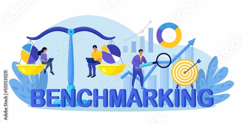 Benchmarking as business compare tool for improvement. Comparison of quality and cost, performance to competitor companies. Development strategy, plan and method. Vector design