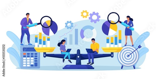 Benchmarking as business compare tool for improvement, progress. People with laptop sits on scale and balances with charts, graphs. Comparison of quality and cost, performance to competitor companies.