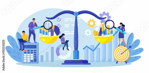 Benchmarking as business compare tool for improvement. Comparison of quality and cost, performance to competitor companies. Development strategy, plan and method. Vector design