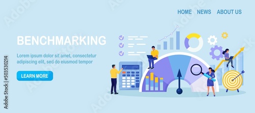 Benchmarking. Compare quality with competitor companies. Performance, quality, cost comparison. Development strategy. People standing near indicator improves company productivity and increases profits