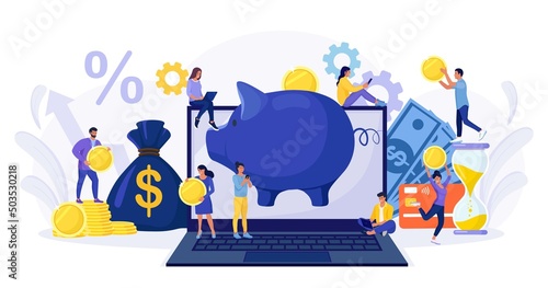 Online banking. People putting coin money into a piggy bank on laptop screen. Business investment, profit income. Exchange, savings or accumulating money. Characters using computer, smartphone