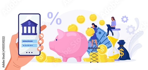 Mobile banking and finance management. Internet payments, transfers and deposits. Human hand hold smartphone for online banking and accounting. Piggy bank. Manage finances save for future investment. 