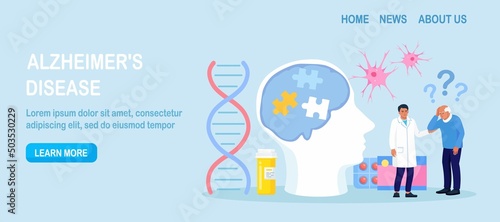 Senior patient hold his head and suffering from Alzheimer's disease, amnesia, getting medical help. Memory loss, brain illness treatment. Alzheimer disease, dementia, dotage. Neurology, mental therapy