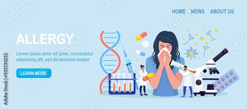 Woman with allergy from pollen. Runny nose and watery eyes. Seasonal disease. Illness with cough, cold, sneeze symptoms. Doctor treat allergy with medicines, pills. Examination in clinic. Vector