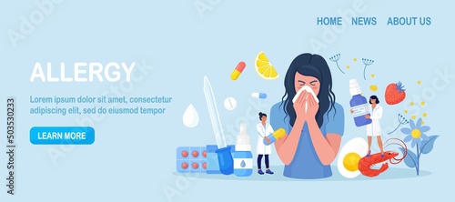 Woman with allergy from pollen, citrus, berry, shrimps, eggs. Runny nose and watery eyes. Seasonal disease. Illness with cough, cold, sneeze symptoms. Doctor treat allergy with medicines, pills Vector