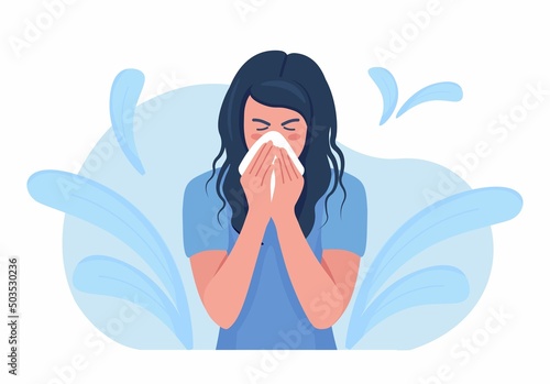 Female character sneezing, coughing in tissue. Prevention against virus, infection. Sick woman sneeze in handkerchief to prevent germs from flying from their mouths. Season allergy. Virus protection. 