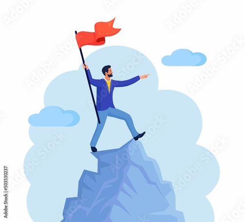 Businessman climbed to top of mountain and hoisted flag on it. Career, professional achievement, ambition. Man stands on mountain peak, celebrates victory. Business development, success, growth