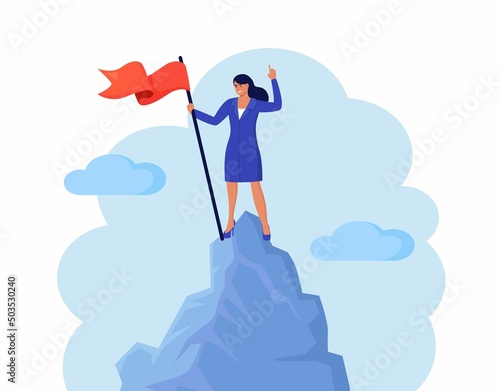 Business person climbed to top of mountain and hoisted flag on it. Career, professional achievement, ambition. Woman stands on mountain peak, celebrates victory. Business development, success, growth.