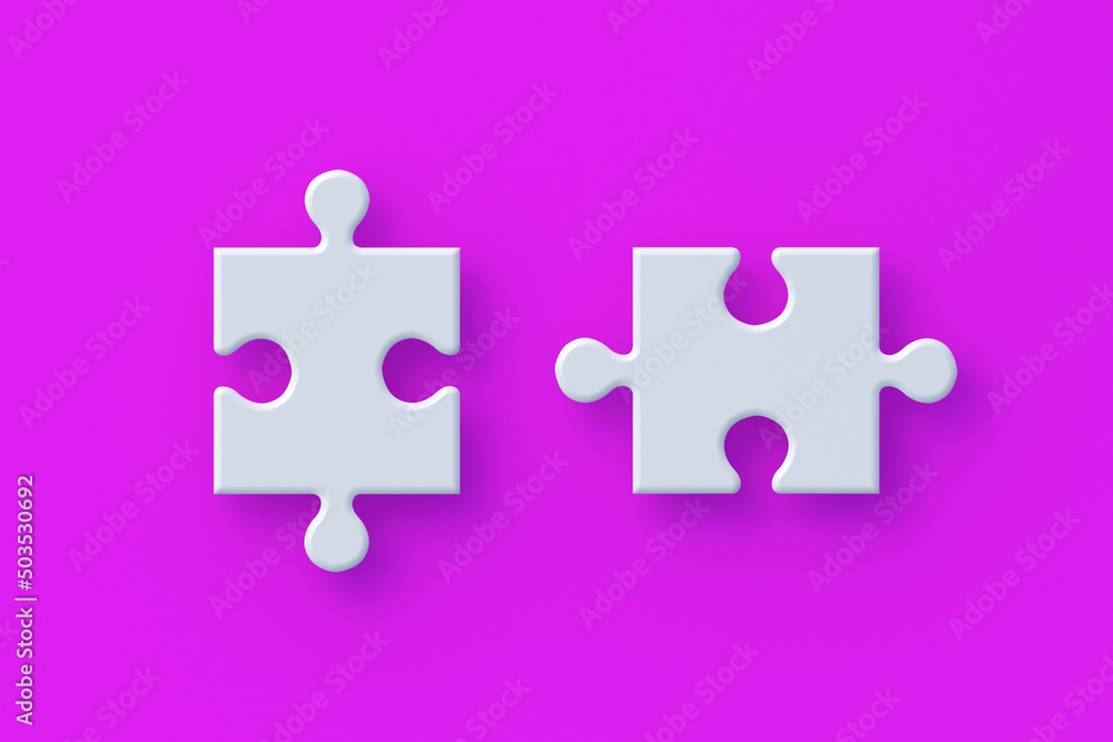 Two jigsaw puzzle pieces on violet background. 3d render Two jigsaw puzzle pieces on violet background. 3d render