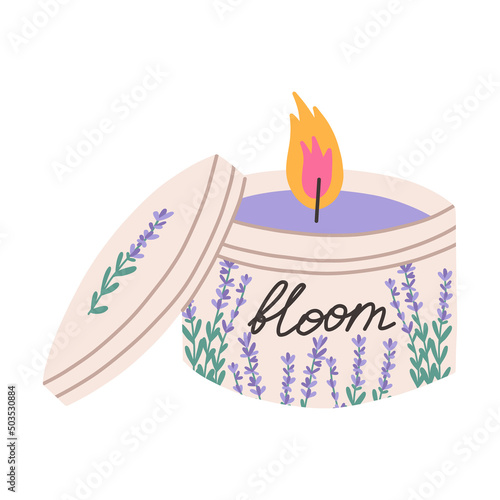Burning candle in jar with blooming lavender scent, flat vector illustration isolated on white background. Hand drawn trendy candle with spring flower fragrance. Spa and aromatherapy con