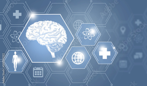 Graphic illustration of Brain organ marked by hexagon molecule. Healthcare concept background with medical icons. photo