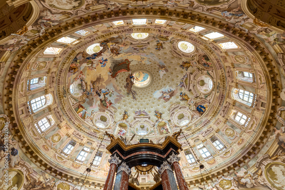 Vicoforte, Cuneo, Piedmont, Italy - indoor of Sanctuary of the Nativity of Mary with largest elliptical dome in the world with the largest single themed fresco in the world