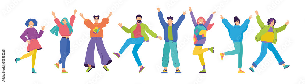 Set of happy young fashion-dressed people. Birthday party with friends. Flat cartoon colorful vector illustration. Funny characters. 