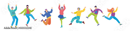 Set of happy young fashion-dressed people. Birthday party with friends. Flat cartoon colorful vector illustration. Funny characters. 