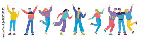 Set of happy young fashion-dressed people. Birthday party with friends. Flat cartoon colorful vector illustration. Funny characters. 