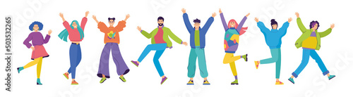 Set of happy young fashion-dressed people. Birthday party with friends. Flat cartoon colorful vector illustration. Funny characters. 