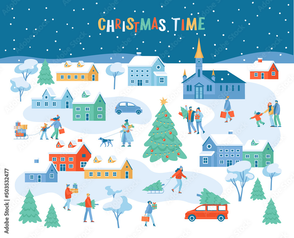 Winter Christmas landscape with Christmas tree, church, houses, cars, trees and fun characters. People walking, carrying gift boxes and shopping bags. Vector cartoon illustration. Flat style. 