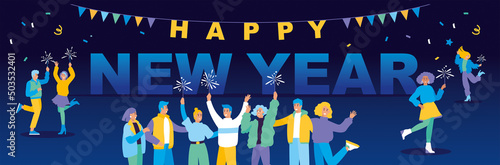 Group of happy people celebrating New Year with sparkles. Merry Christmas and Happy new year! Flat cartoon colorful vector illustration. Cute characters.