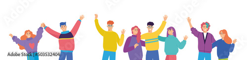 Set of happy young fashion-dressed people. Birthday party with friends. Flat cartoon colorful vector illustration. Funny characters. 