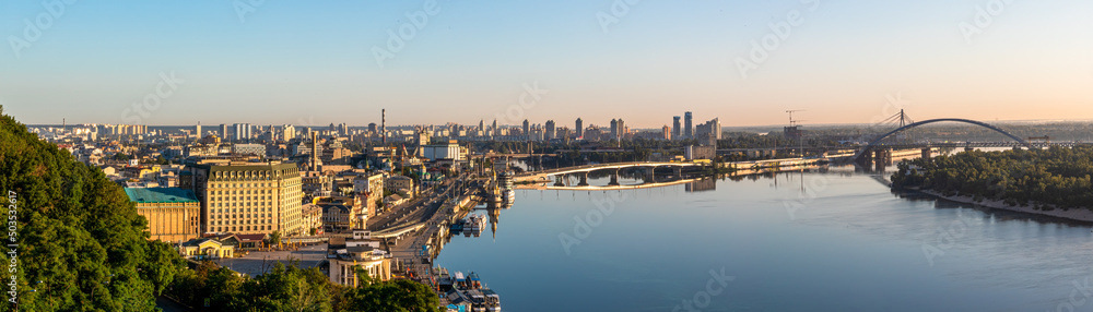Aerial panoramic view of Kiev in morning in summer, Podol district, city center, Ukraine