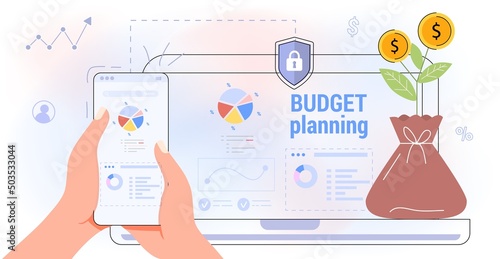 Financial planning app for earnings and expenses control Budget planning Cost optimization Budget management in mobile app Synchroniz computer Vector illustration flat Concept finance accounting Tax
