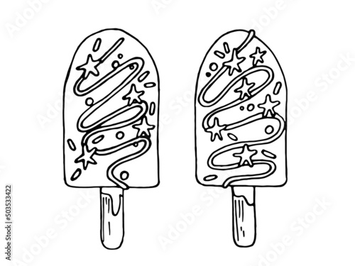 Set Popsicle ice cream with icing and sprinkles. Idea for design, decoration, packaging, coloring.