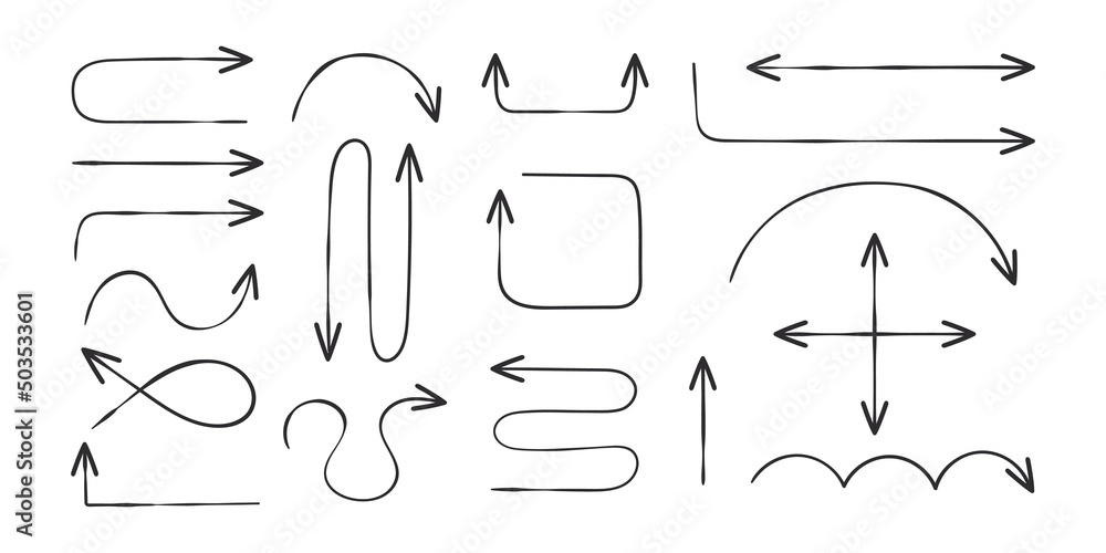 Hand drawn arrows collection. Doddle arrows. Sketch linear arrows. Vector icons Hand drawn arrows collection. Doddle arrows. Sketch linear arrows. Vector icons