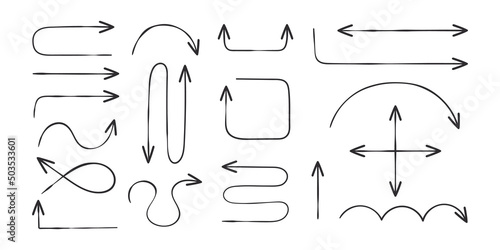 Hand drawn arrows collection. Doddle arrows. Sketch linear arrows. Vector icons